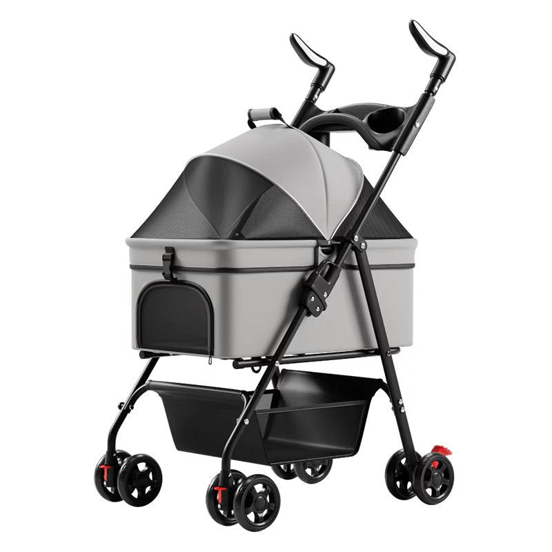 Lightweight Foldable Pet Stroller with Detachable Carry Basket in gray
