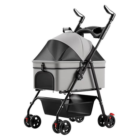 Lightweight Foldable Pet Stroller with Detachable Carry Basket in gray
