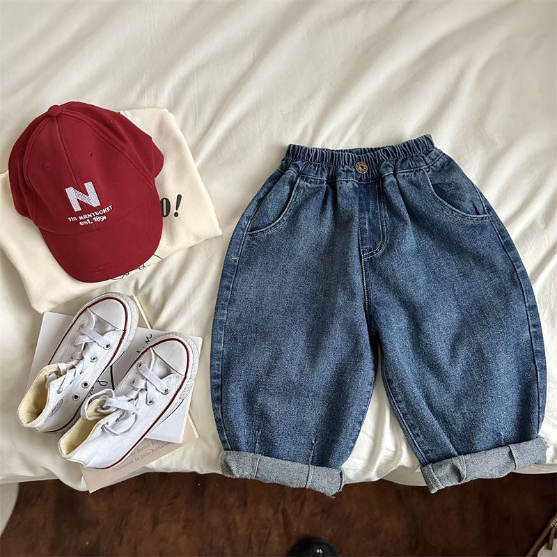 Kids Wide Leg Denim Pants Loose Fit Cotton Harem Jeans