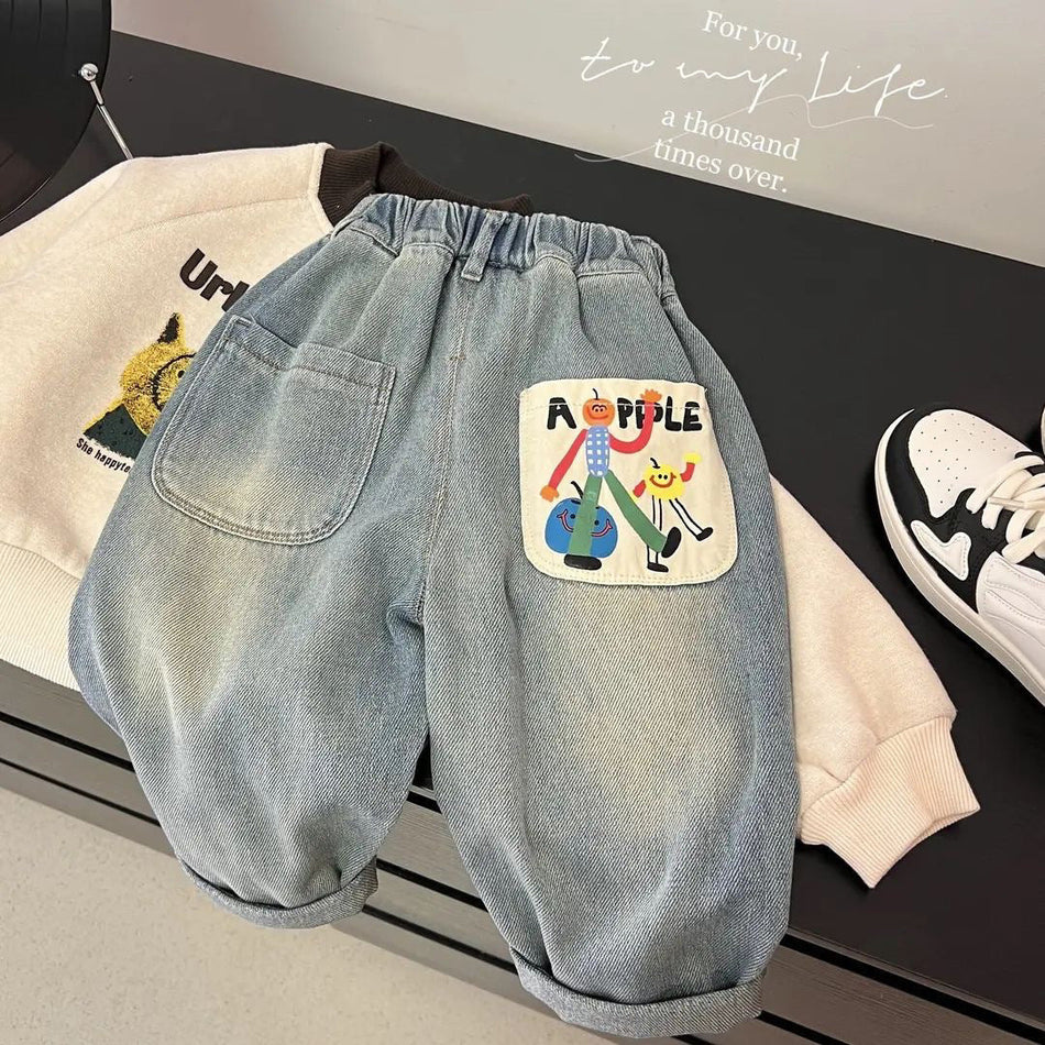 Kids Heart Print Denim Pants Korean Style Casual Cotton Jeans