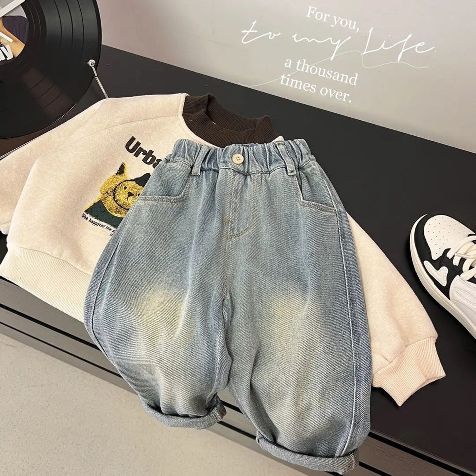 Kids Heart Print Denim Pants Korean Style Casual Cotton Jeans
