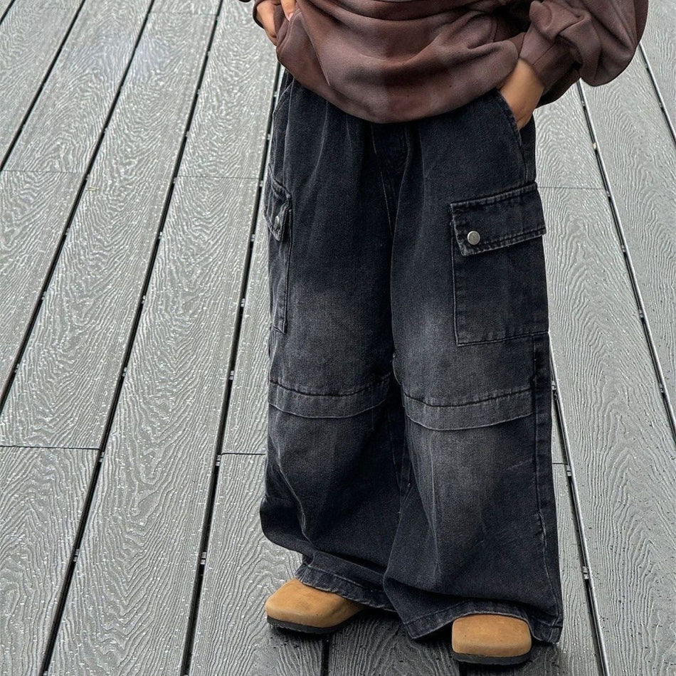 Kids Black Denim Cargo Pants Loose Fit Korean Style Trousers