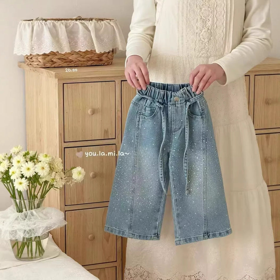 Girls Rhinestone Wide Leg Jeans Korean Style Straight Denim Pants