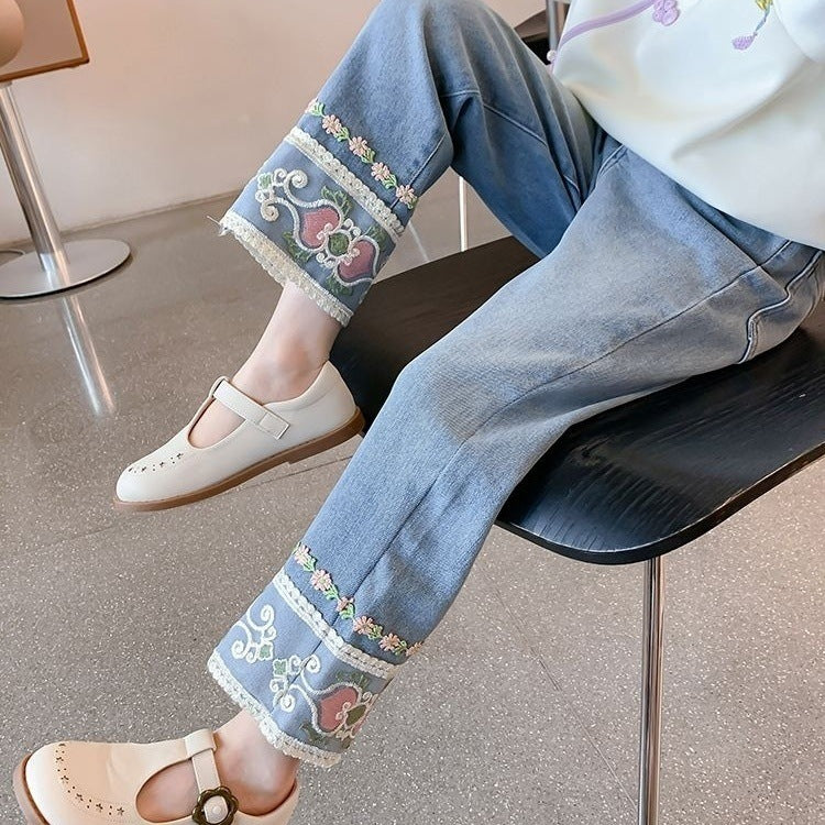 Girls Lace Hem Straight Leg Jeans Elegant Cotton Denim Pants