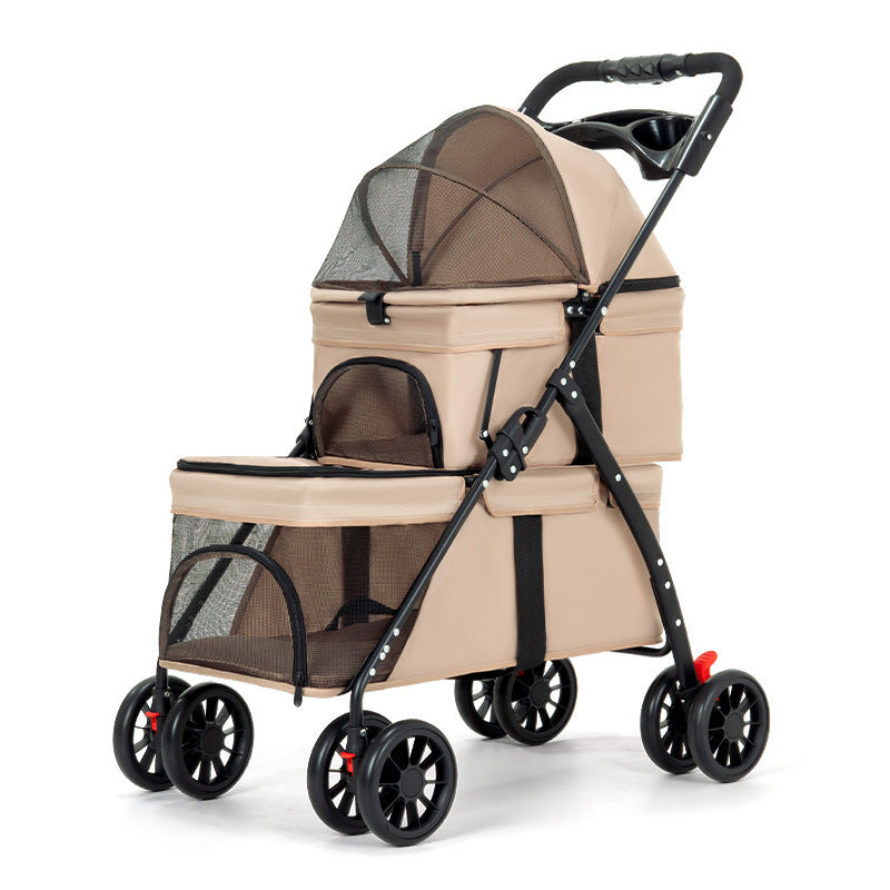 Double Layer Pet Stroller for Small and Medium Dogs and Cats in khaki