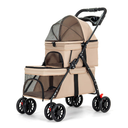 Double Layer Pet Stroller for Small and Medium Dogs and Cats in khaki