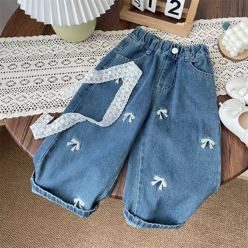 Girls Wide Leg Denim Pants Korean Style Straight Jeans