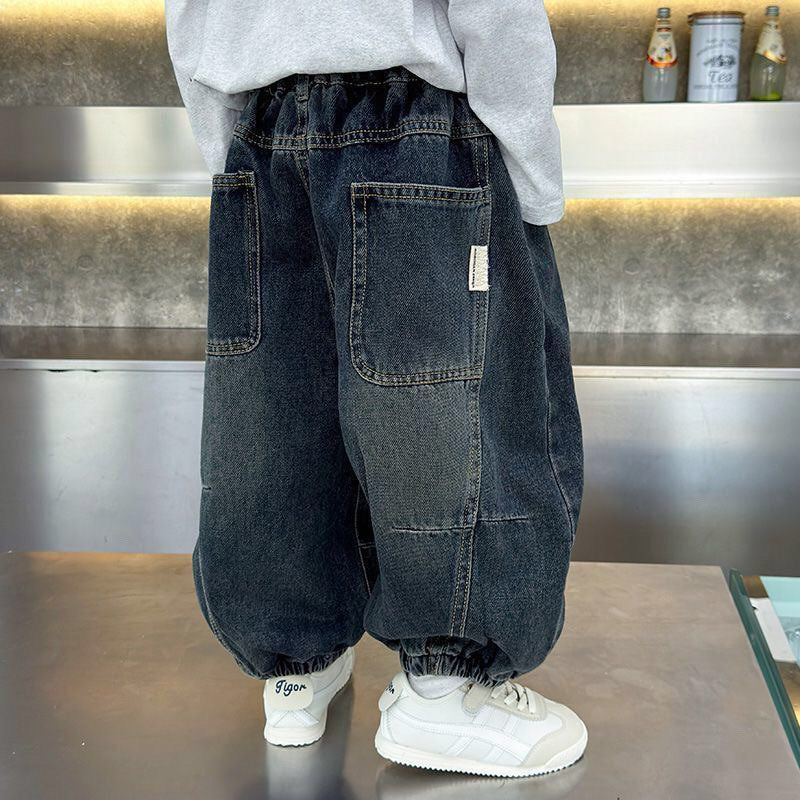 Kids Cargo Denim Pants Loose Fit Korean Style Casual Jeans