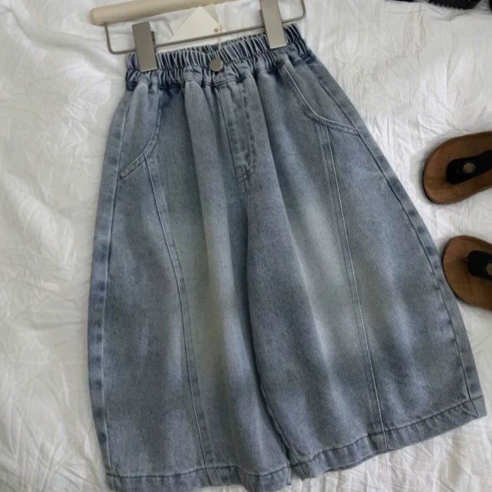 Kids Elastic Waist Cropped Denim Pants Korean Style Casual Jeans