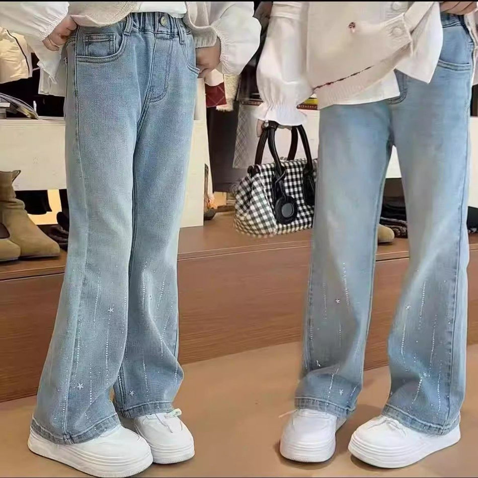 Girls Rhinestone Flared Jeans Korean Style Slim Fit Denim Pants