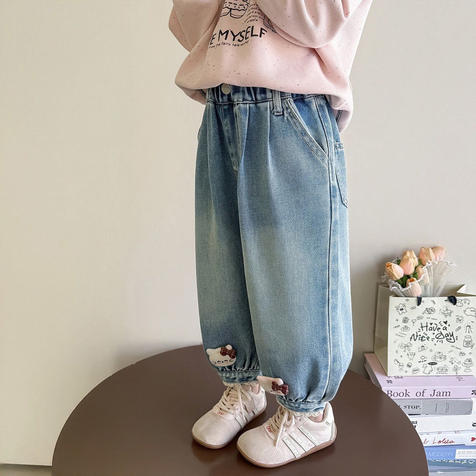 Girls Cartoon Denim Jogger Pants Korean Style Casual Jeans