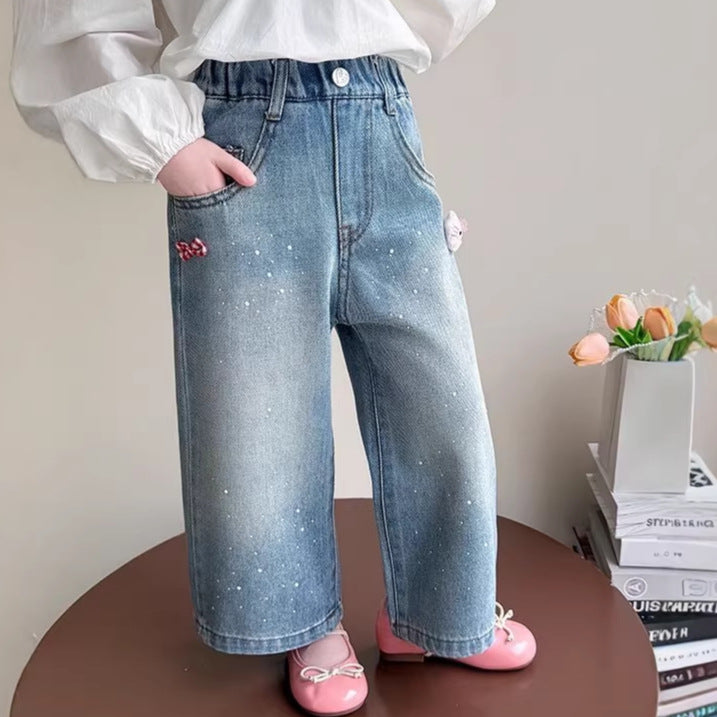 Girls Rhinestone Wide Leg Jeans Korean Style Casual Denim Pants