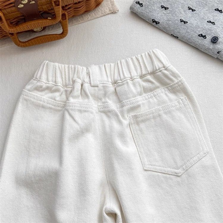 Kids White Wide Leg Jeans Korean Style Casual Cotton Pants