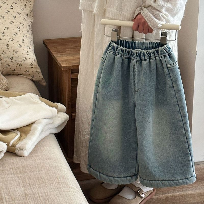Kids Fleece-Lined Wide Leg Jeans Winter Thickened Denim Pants