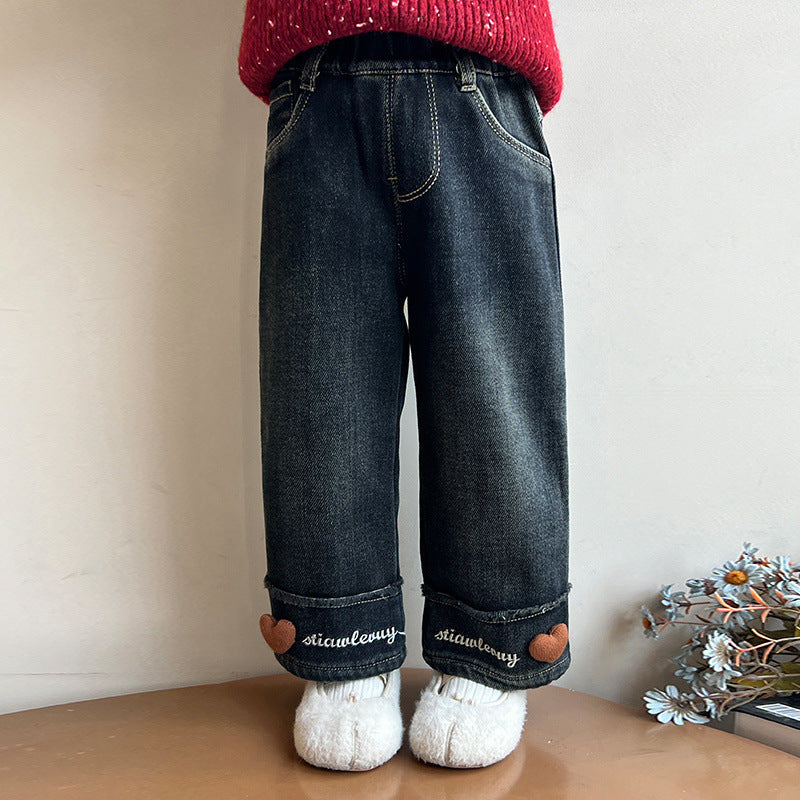 Girls Fleece-Lined Wide Leg Jeans Thickened Winter Denim Pants