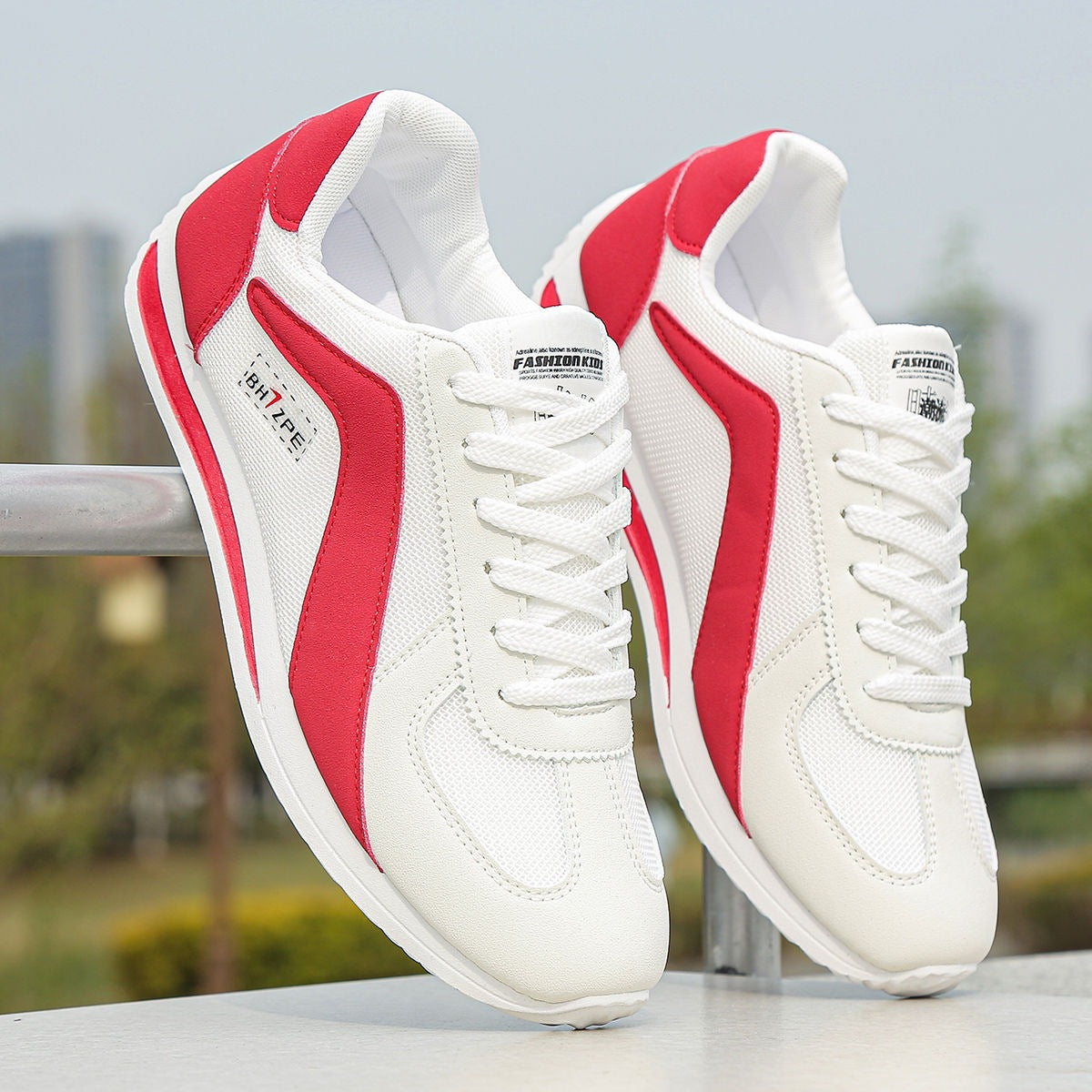 Men's Breathable Mesh Running Sneakers with Soft Cushion Sole in White Red