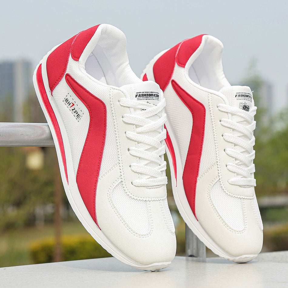 Men's Breathable Mesh Running Sneakers with Soft Cushion Sole in White Red