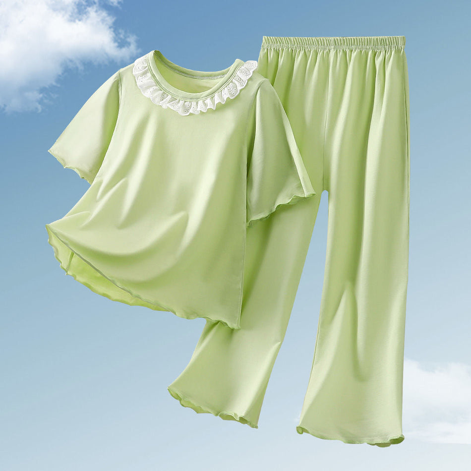 Girls Tencel Lace Collar Pajama Set Summer Soft Two Piece