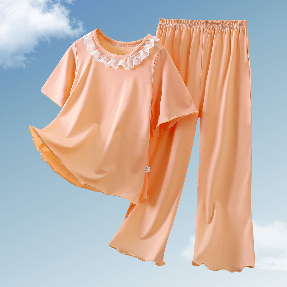Girls Tencel Lace Collar Pajama Set Summer Soft Two Piece