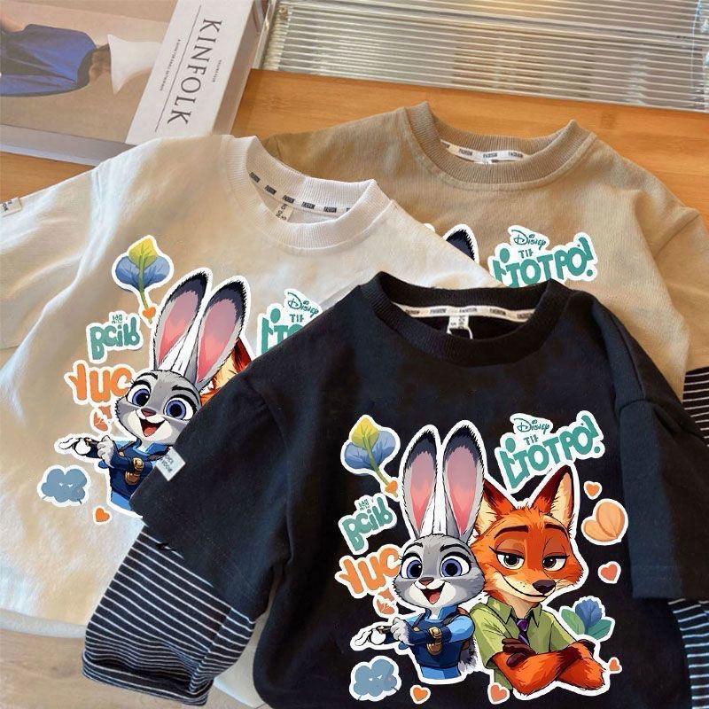 Kids Animal Patchwork Faux Two Piece Striped Cotton T Shirt