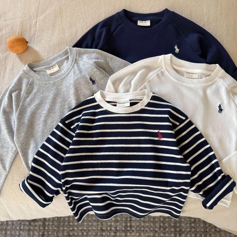 Kids Cotton Embroidered Striped Long Sleeve T Shirt Unisex Top
