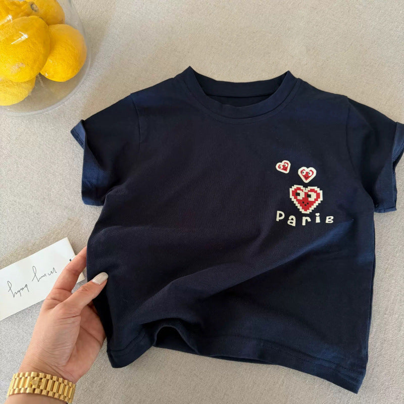 Kids Cotton Heart Print Short Sleeve Round Neck T Shirt