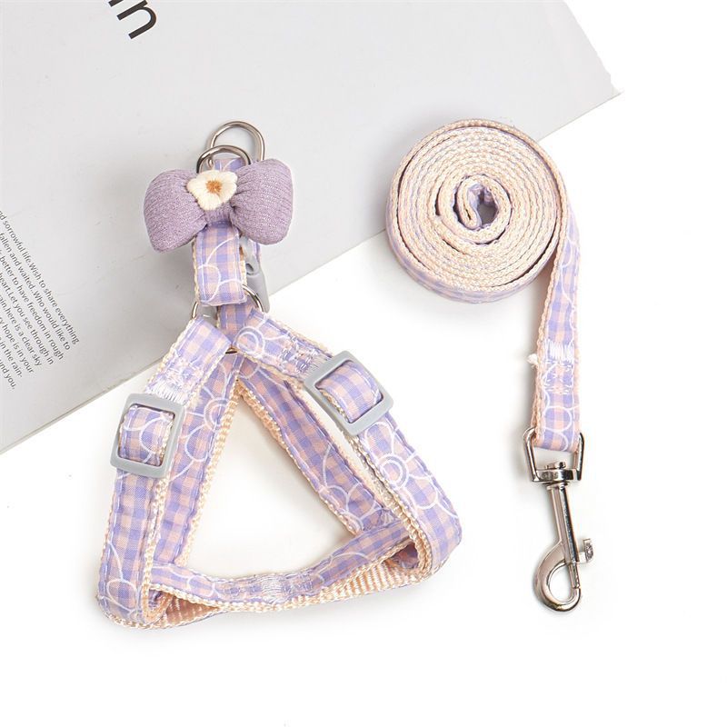 Adjustable Daisy Bow Anti Escape Dog Leash and Cat Collar Set in purple, 3kg