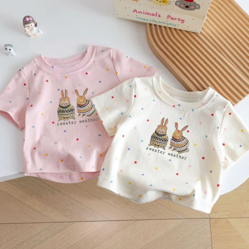Kids Cotton Rabbit Print Polka Dot Short Sleeve Summer T Shirt