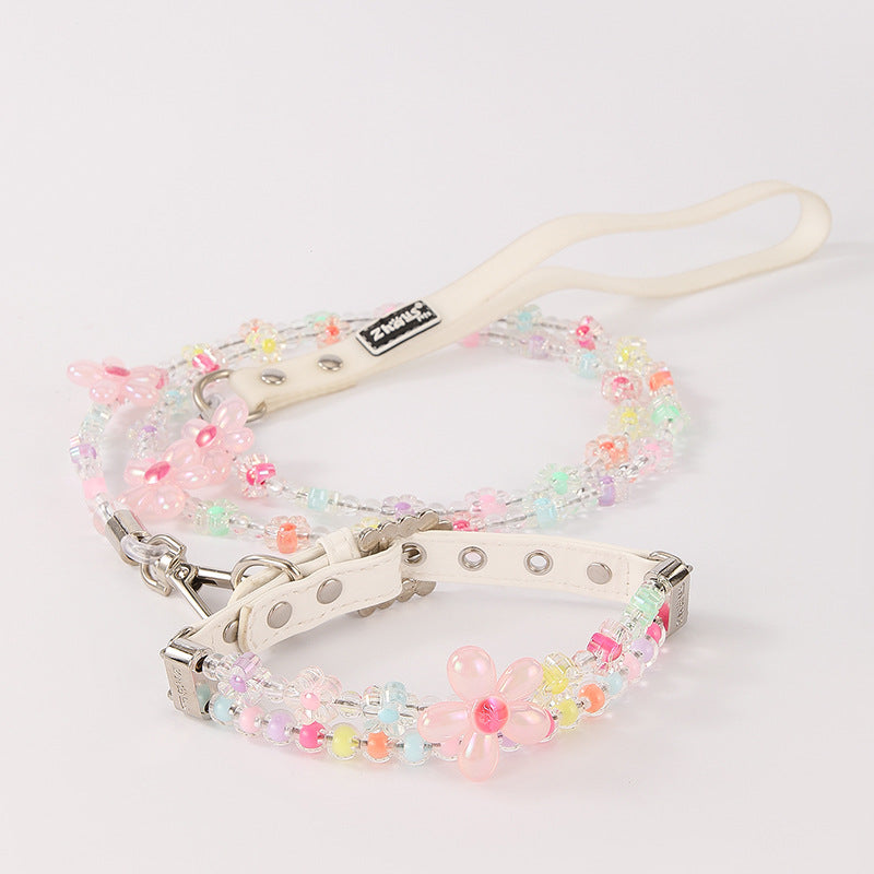 Zircon Pearl Pet Collar and Traction Set for Small Dogs Cats in white, 5*28cm