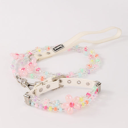 Zircon Pearl Pet Collar and Traction Set for Small Dogs Cats in white, 5*28cm