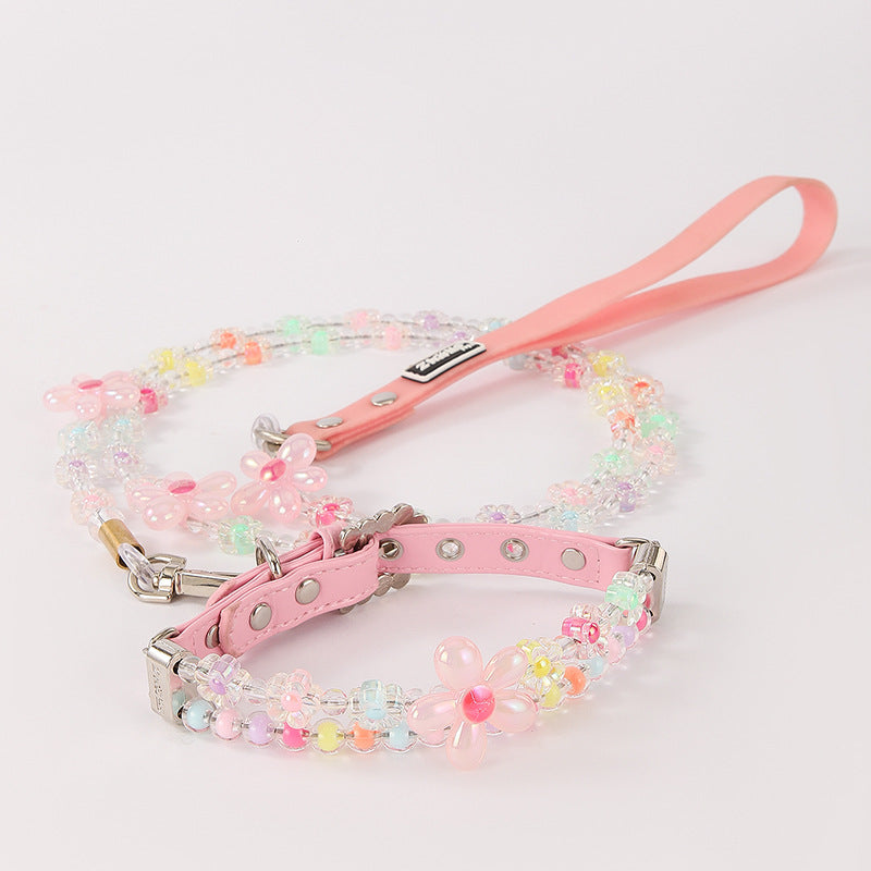 Zircon Pearl Pet Collar and Traction Set for Small Dogs Cats