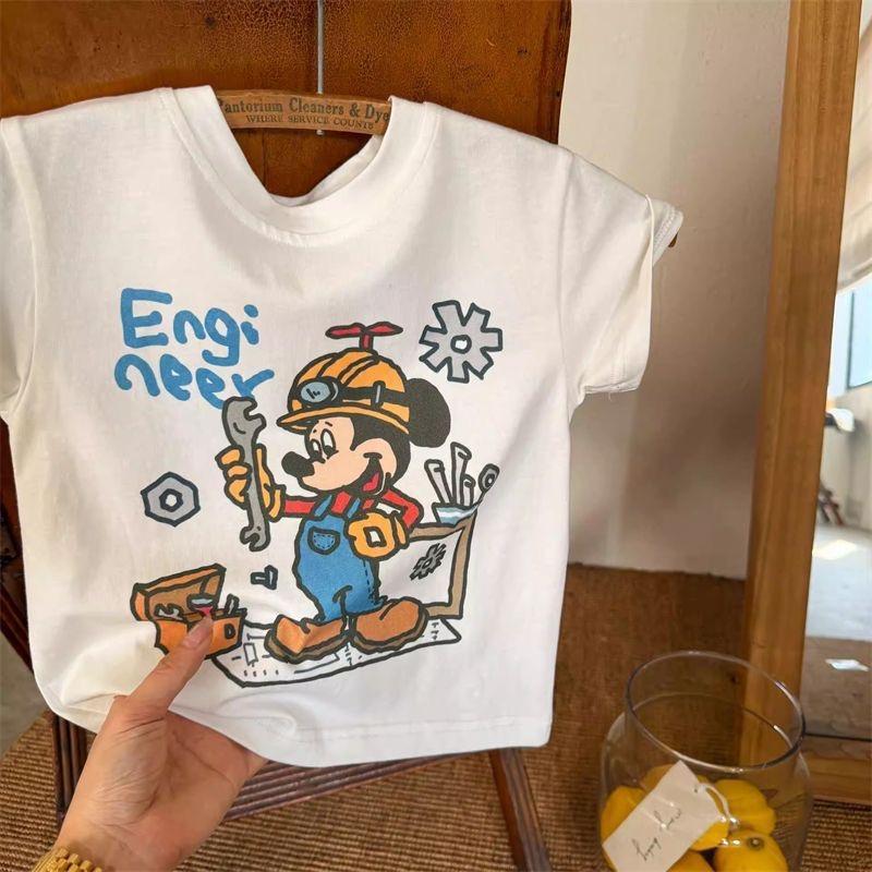 Kids Cotton Cartoon Engineer Print Short Sleeve T Shirt