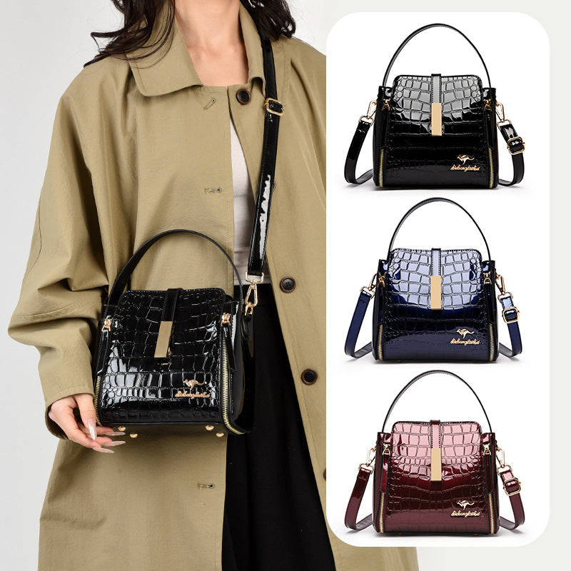 Glossy Patent Leather Bucket Tote Elegant Shoulder Bag