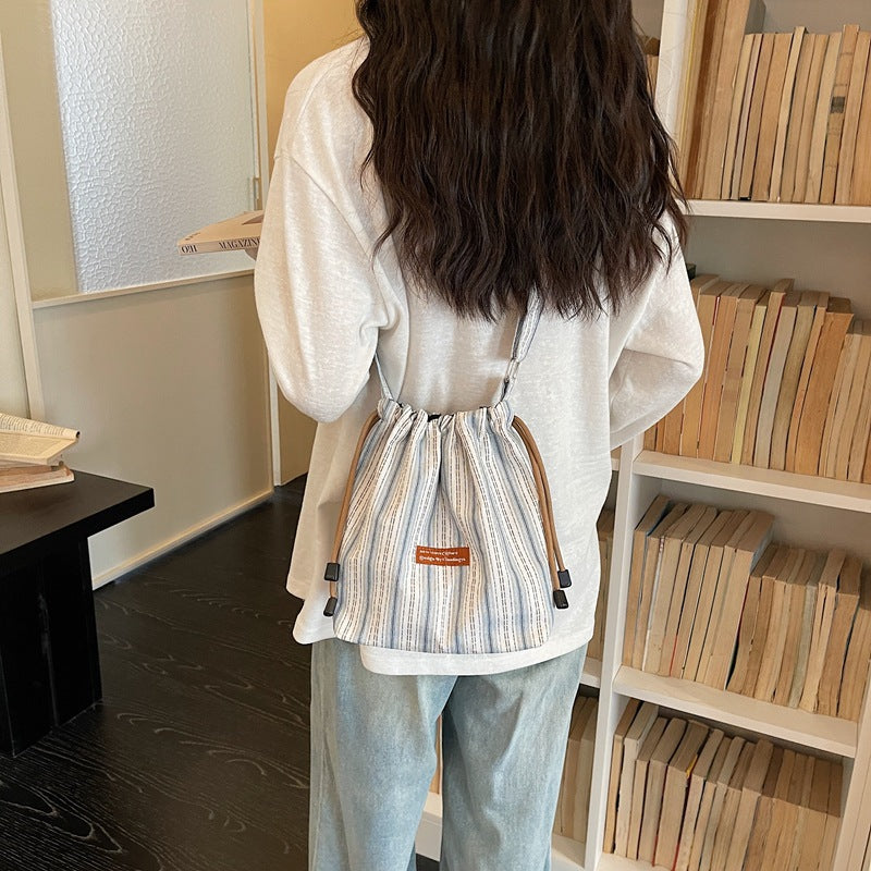 Korean Style Striped Nylon Bucket Tote Bag for Women