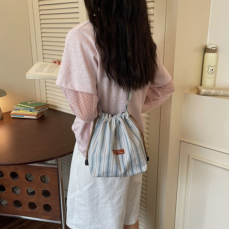 Korean Style Striped Nylon Bucket Tote Bag for Women