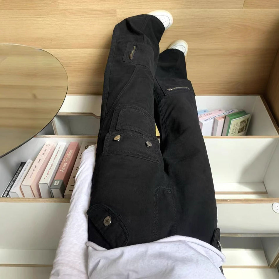 High-Waist Black Cargo Flared Jeans with Relaxed Wide Leg Fit