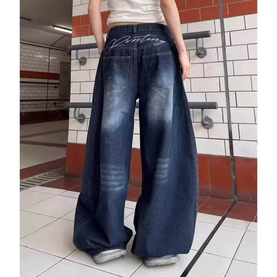 Retro Letter Print Wide Leg Jeans with Relaxed Floor-Length Fit