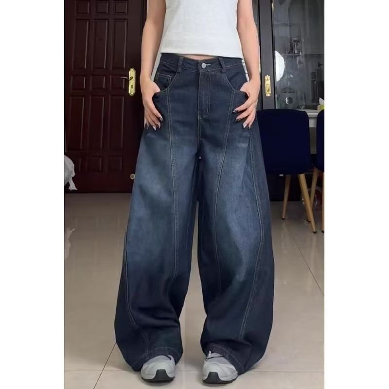Retro Letter Print Wide Leg Jeans with Relaxed Floor-Length Fit