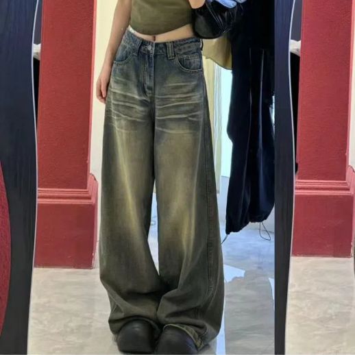 High-Waist Retro Wide Leg Jeans for Women with Straight Long Fit