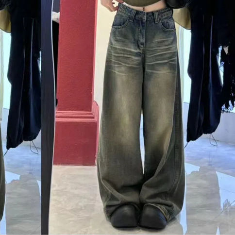 High-Waist Retro Wide Leg Jeans for Women with Straight Long Fit