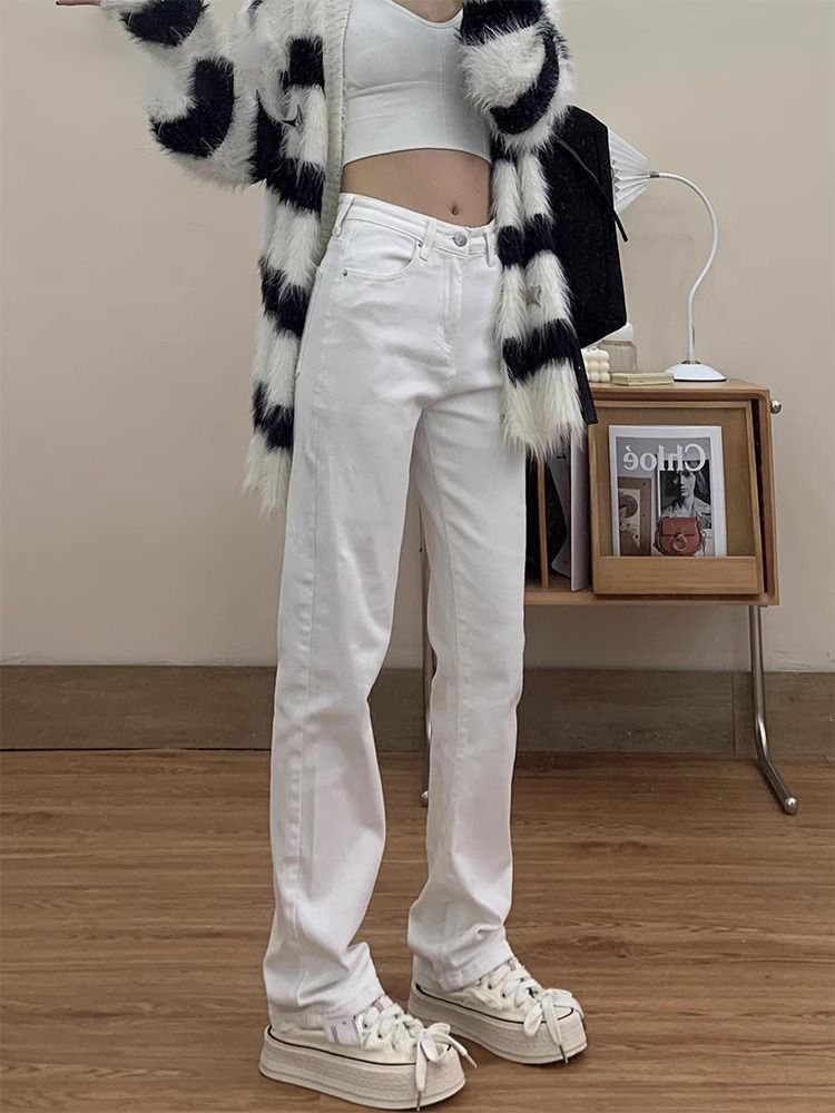 High-Waist White Straight Leg Jeans with Subtle Flared Hem