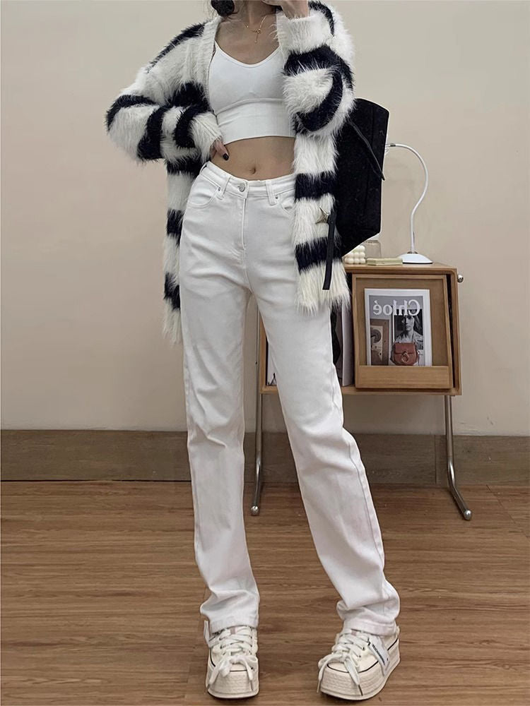 High-Waist White Straight Leg Jeans with Subtle Flared Hem