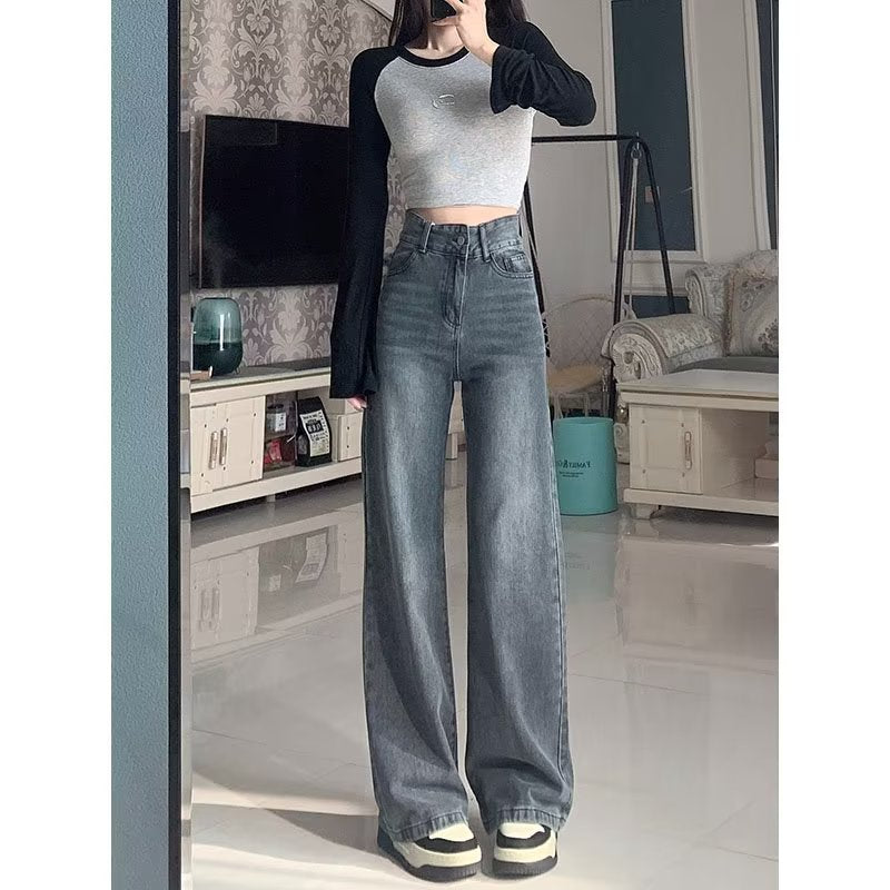 High-Waist Distressed Straight Leg Jeans with Relaxed Wide Fit