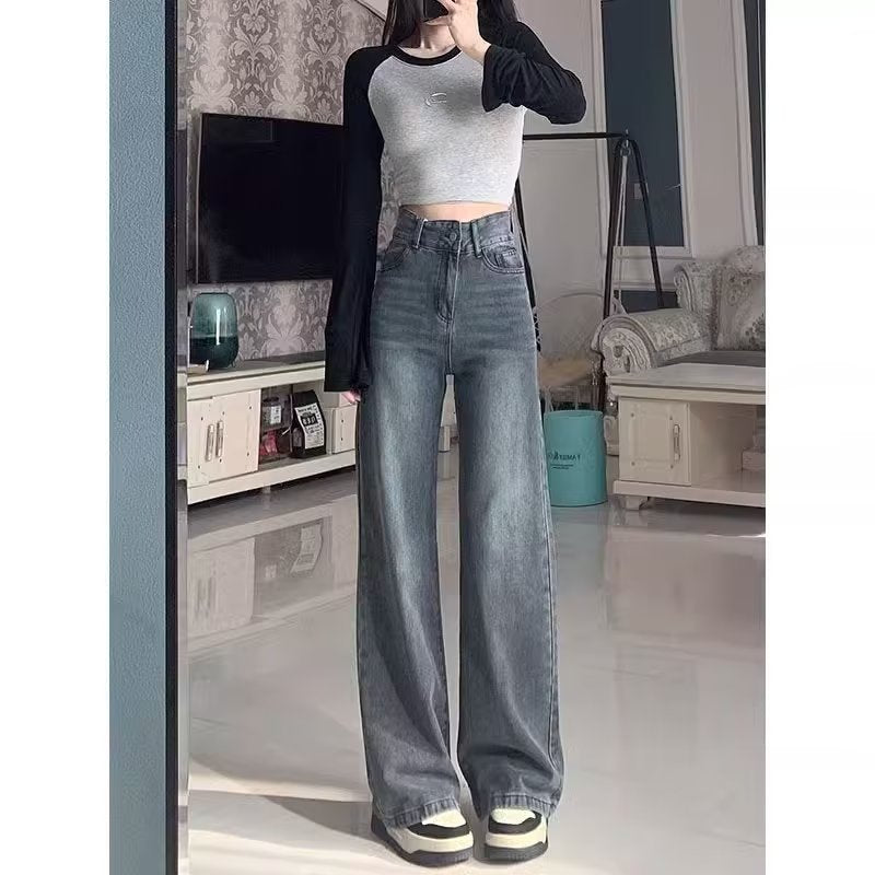 High-Waist Distressed Straight Leg Jeans with Relaxed Wide Fit