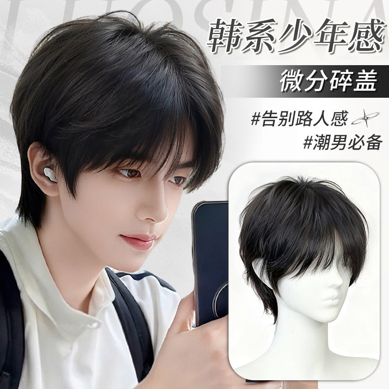 Men’s Korean Style Short Fluffy Synthetic Wig Natural Look Set