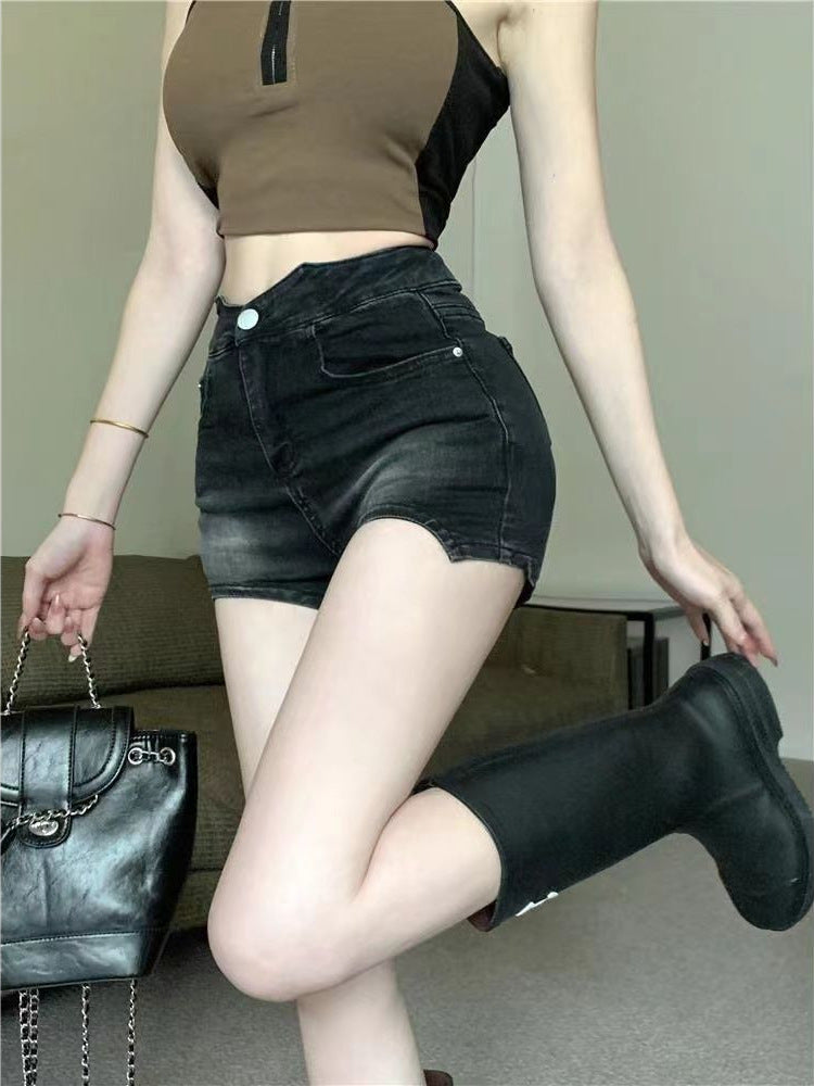 High-Waist Slim Fit Denim Shorts with Vintage A-Line Silhouette