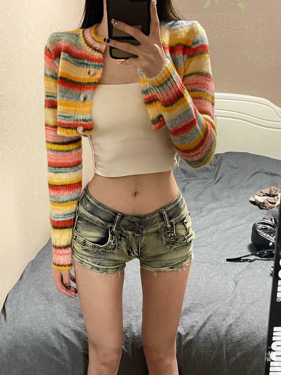 Low-Rise Studded Denim Shorts with Stretch Slim-Fit Design
