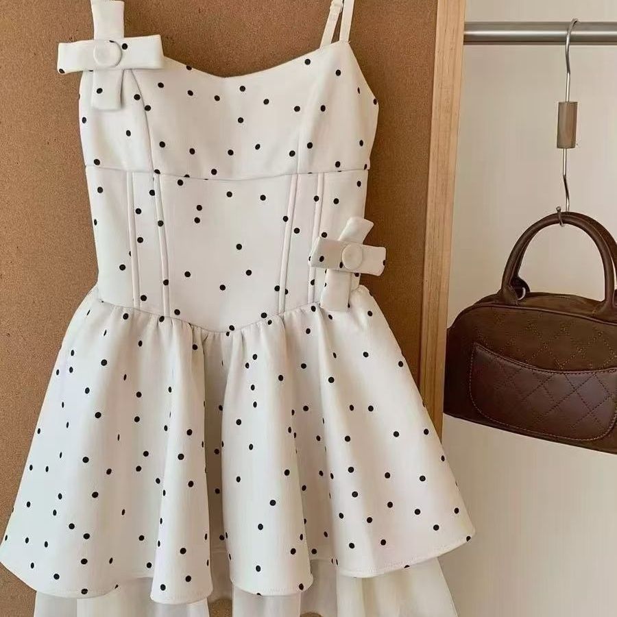 Girls Polka Dot Bow Strap Dress Sweet Princess Summer Dress