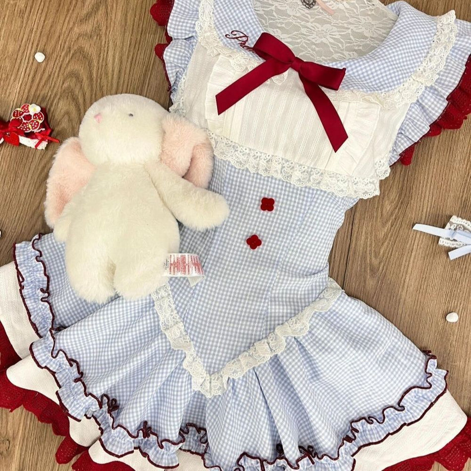 Girls Plaid Lace Collar Princess Dress Korean Style A-Line