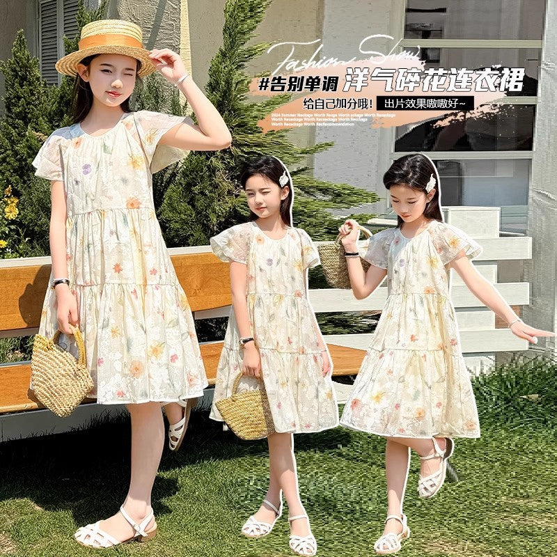 Girls Floral Flutter Sleeve Princess Dress Sweet Summer Dress